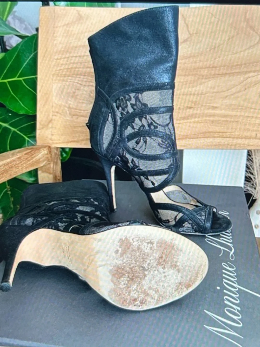 Monique Lhuillier Black Lace Burma Strappy Stiletto Sandals - Picture 2 of 4